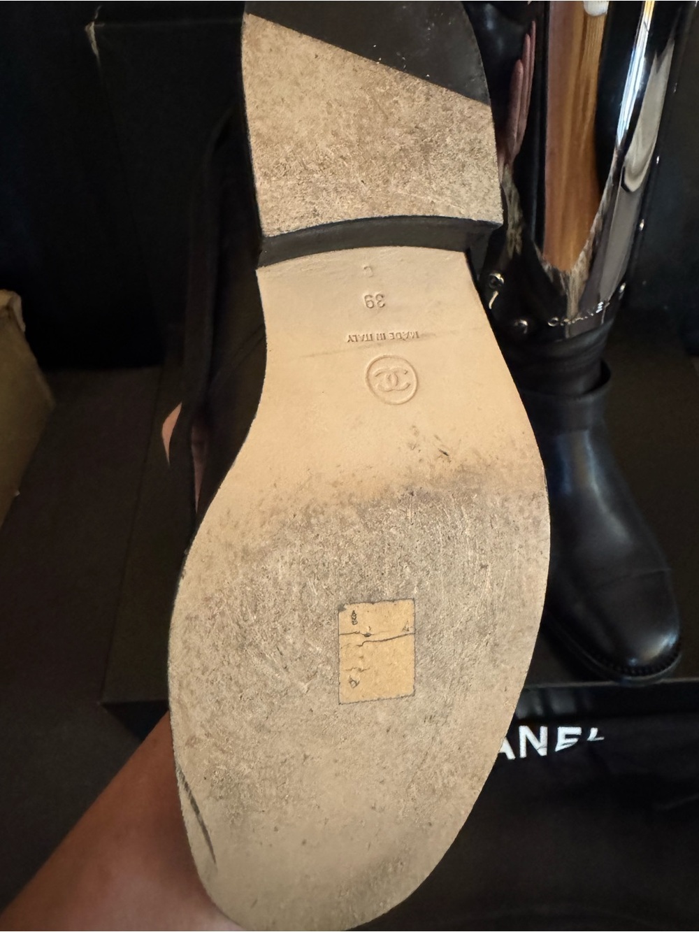 CHANEL Black Leather Knee-High Combat Boots with Silver Plate - Picture 11 of 16